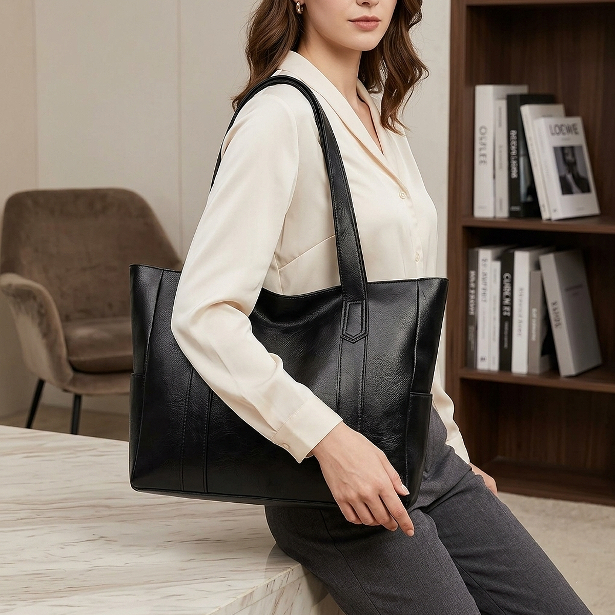 Woman carrying a vintage women's PU leather tote bag with a large capacity while commuting, ideal for work, travel, shopping, and everyday essentials.