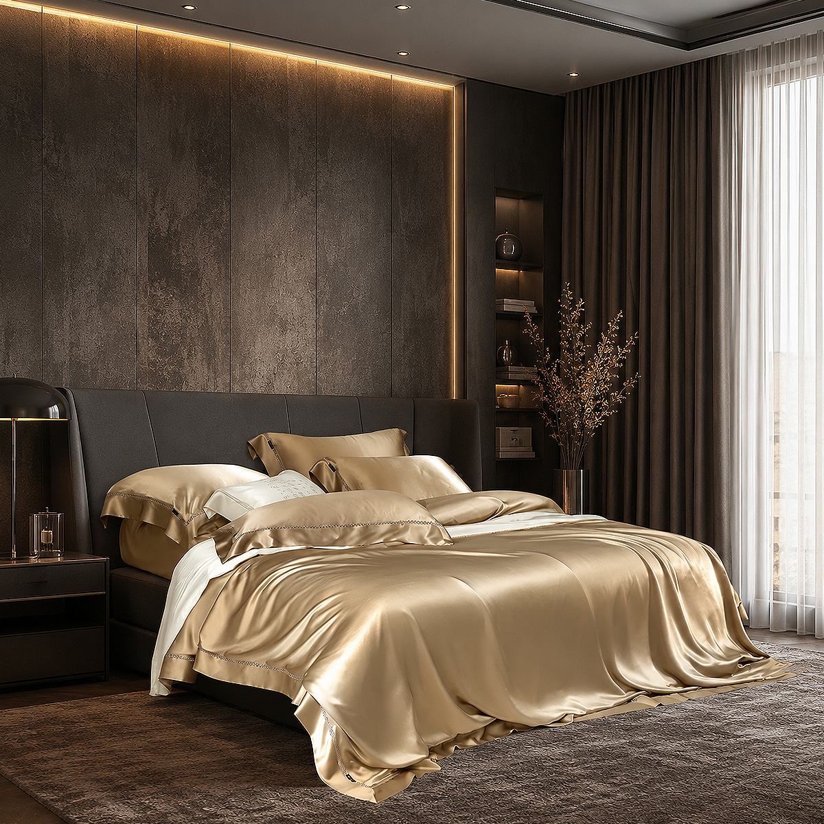 Alt: " 100% Mulberry Silk Luxury Bed Sheet product image – Acuvick " 100% Mulberry Silk Luxury Bed Sheet in an elegant modern bedroom