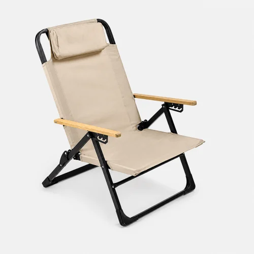 5-position folding outdoor recliner chair in khaki for camping and outdoor relaxation