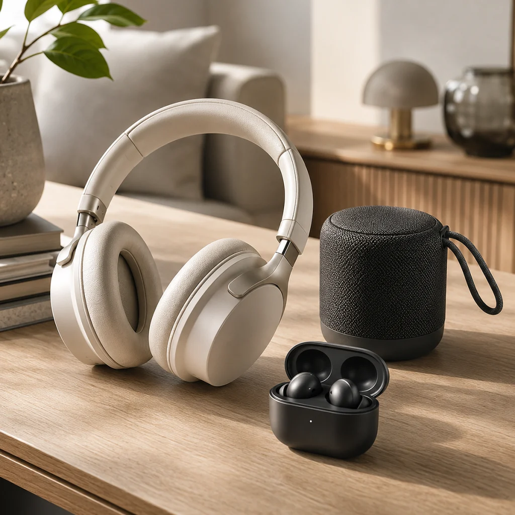 Audio essentials including wireless headphones earbuds and speaker