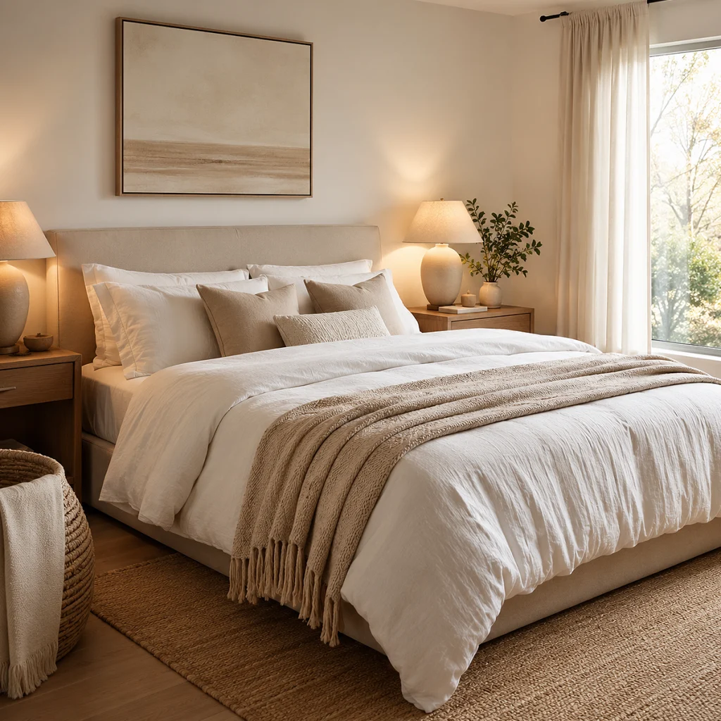 Modern bedroom with comfortable bedding and stylish home décor