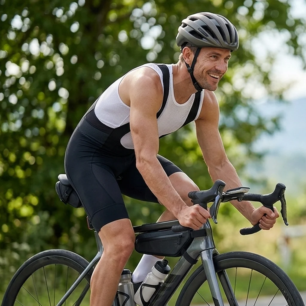 Cyclist using practical cycling gear and accessories on an outdoor ride