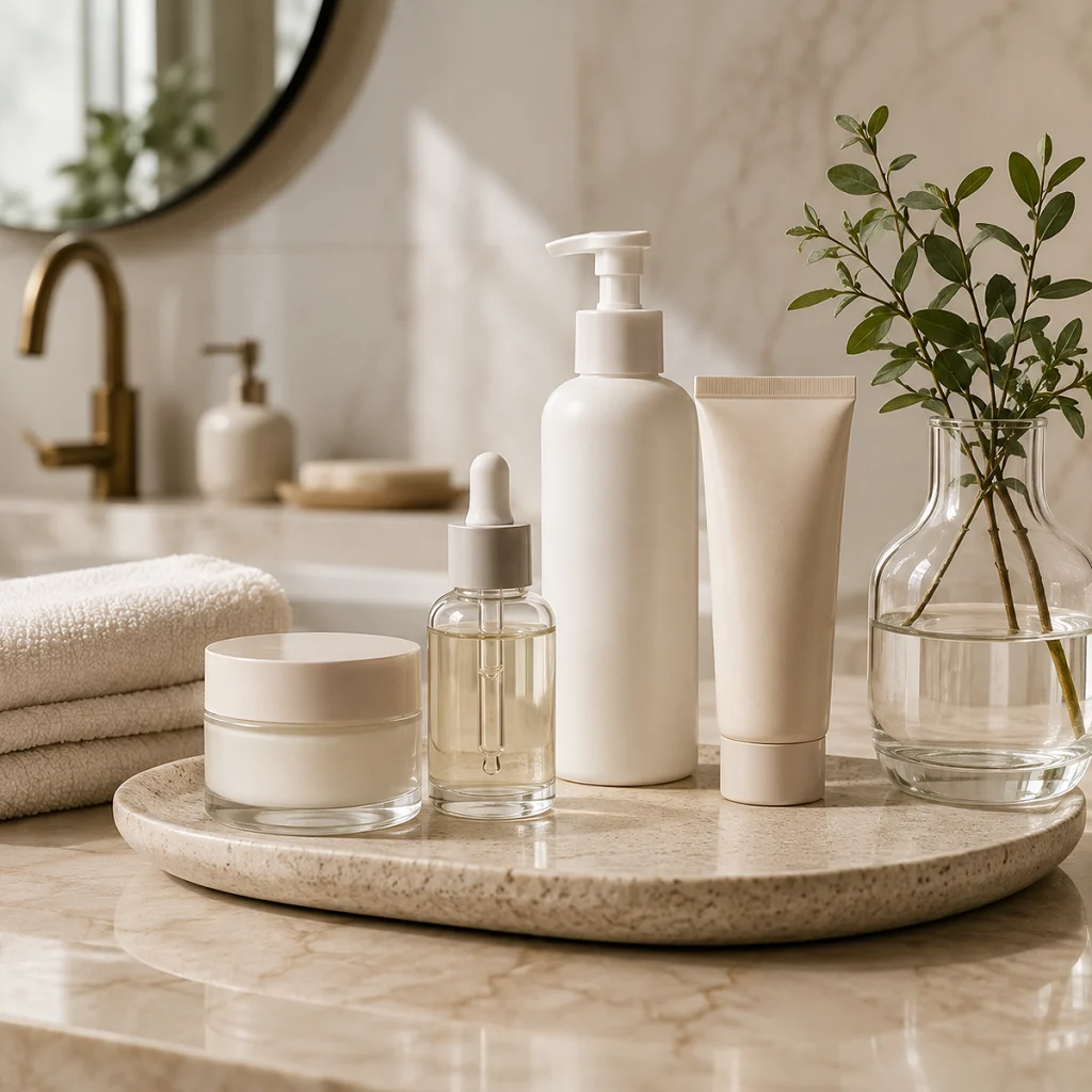 Skincare essentials arranged in a clean modern beauty setting