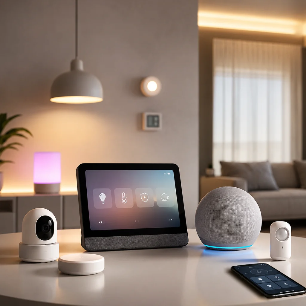 Smart home devices integrated into a modern living space