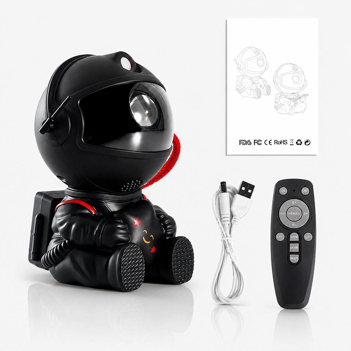 Astronaut Star Projector Galaxy LED Night Light in Black Star with colorful nebula projection, starry sky effects, adjustable astronaut head, and relaxing LED ambient lighting.