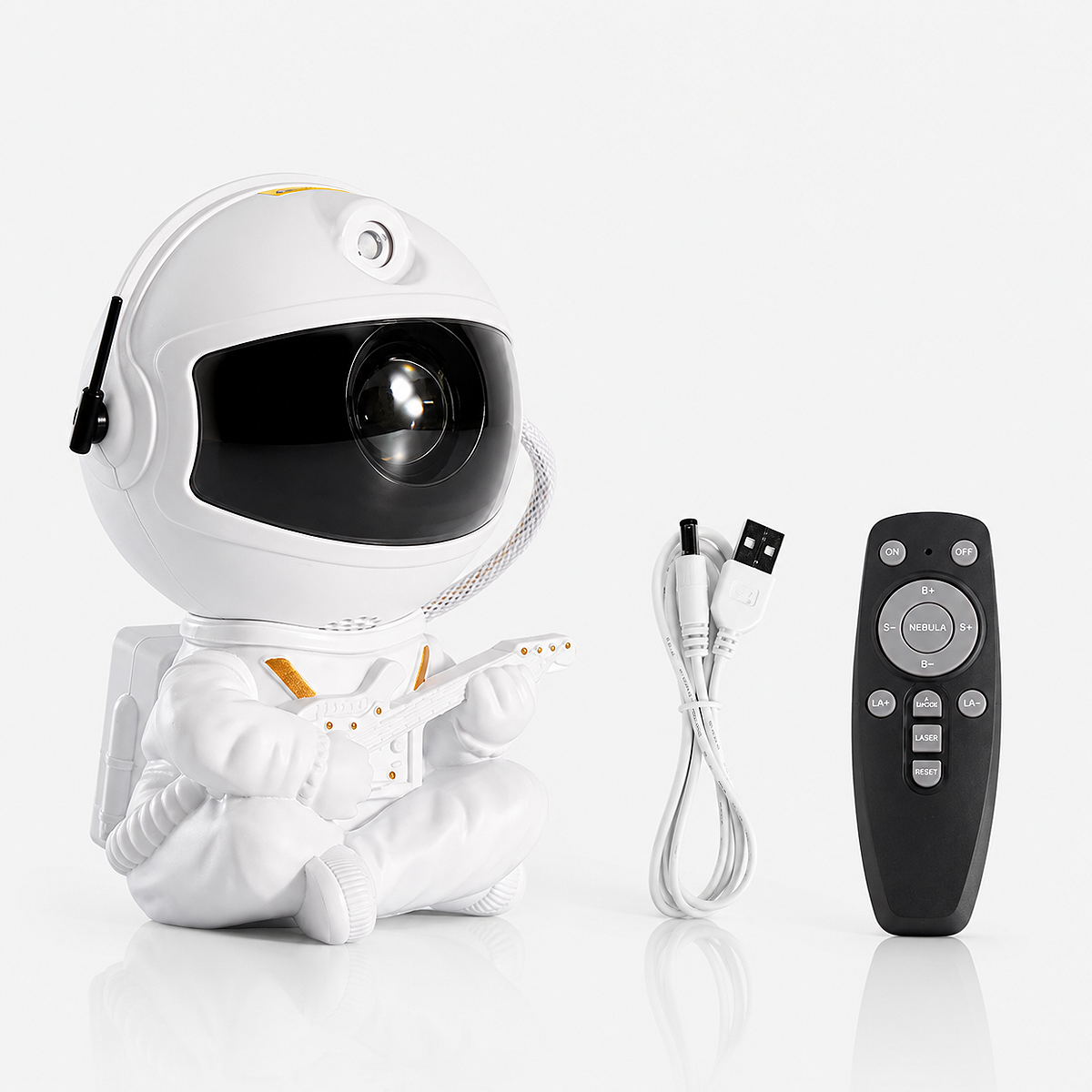 Astronaut Star Projector Galaxy LED Night Light in White Jita with colorful nebula projection, starry sky effects, adjustable astronaut design, and ambient bedroom lighting.