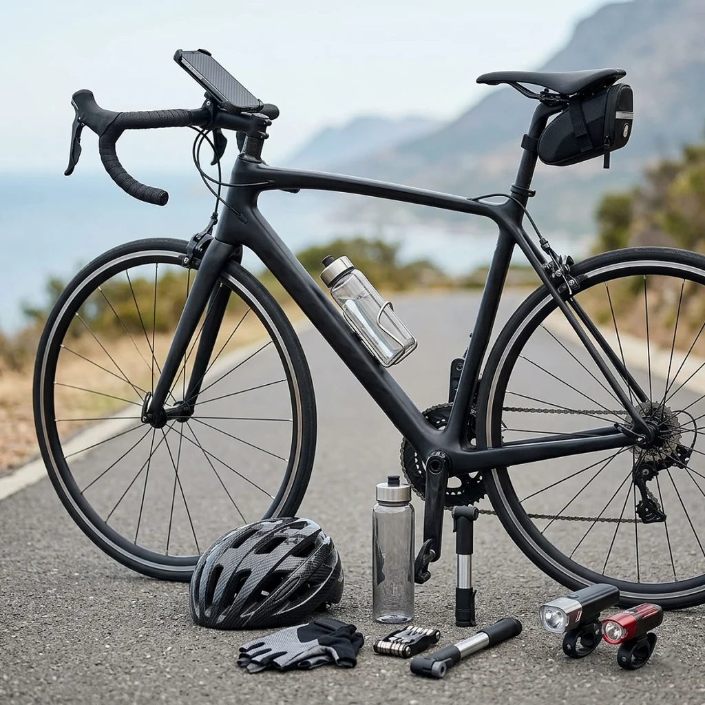 Cycling gear including bike lights helmet bag bottle and riding accessories