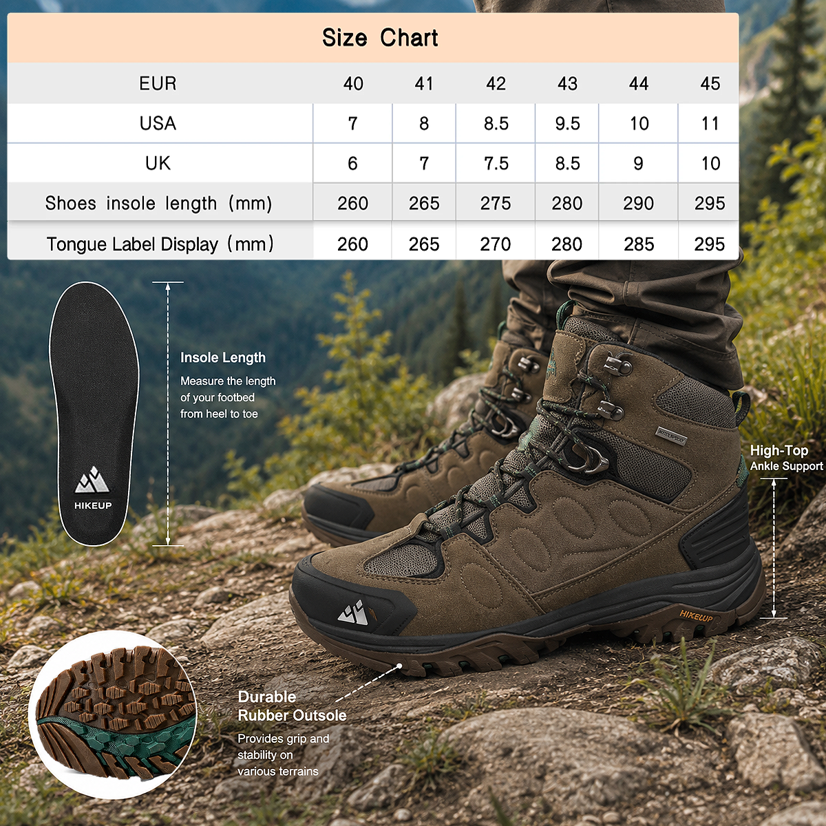 HIKEUP Men’s High-Top Hiking Boots Brown worn by a male hiker on a natural mountain trail, featuring ankle support, lace-up design and rugged rubber outsole.