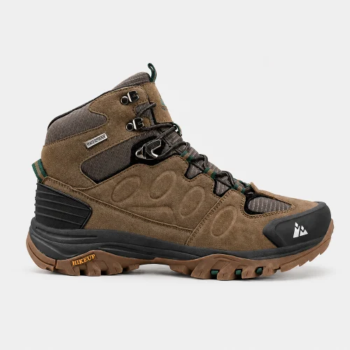HIKEUP Men's High-Top Hiking Boots in brown with waterproof upper, cushioned ankle support and rugged all-terrain outsole