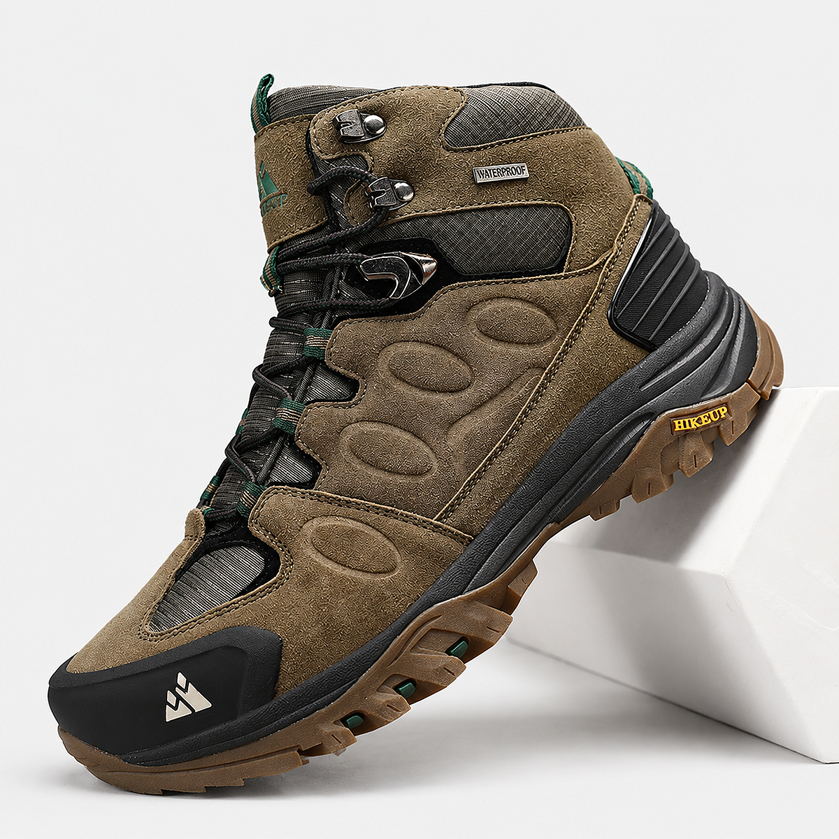 HIKEUP Men's High-Top Hiking Boots in brown with waterproof construction, ankle support and rugged all-terrain outsole for hiking and trekking