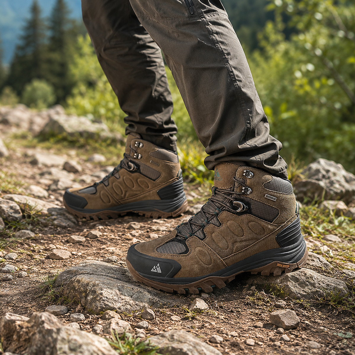 HIKEUP Men's High-Top Hiking Boots on a realistic forest mountain trail with natural rocks and vegetation