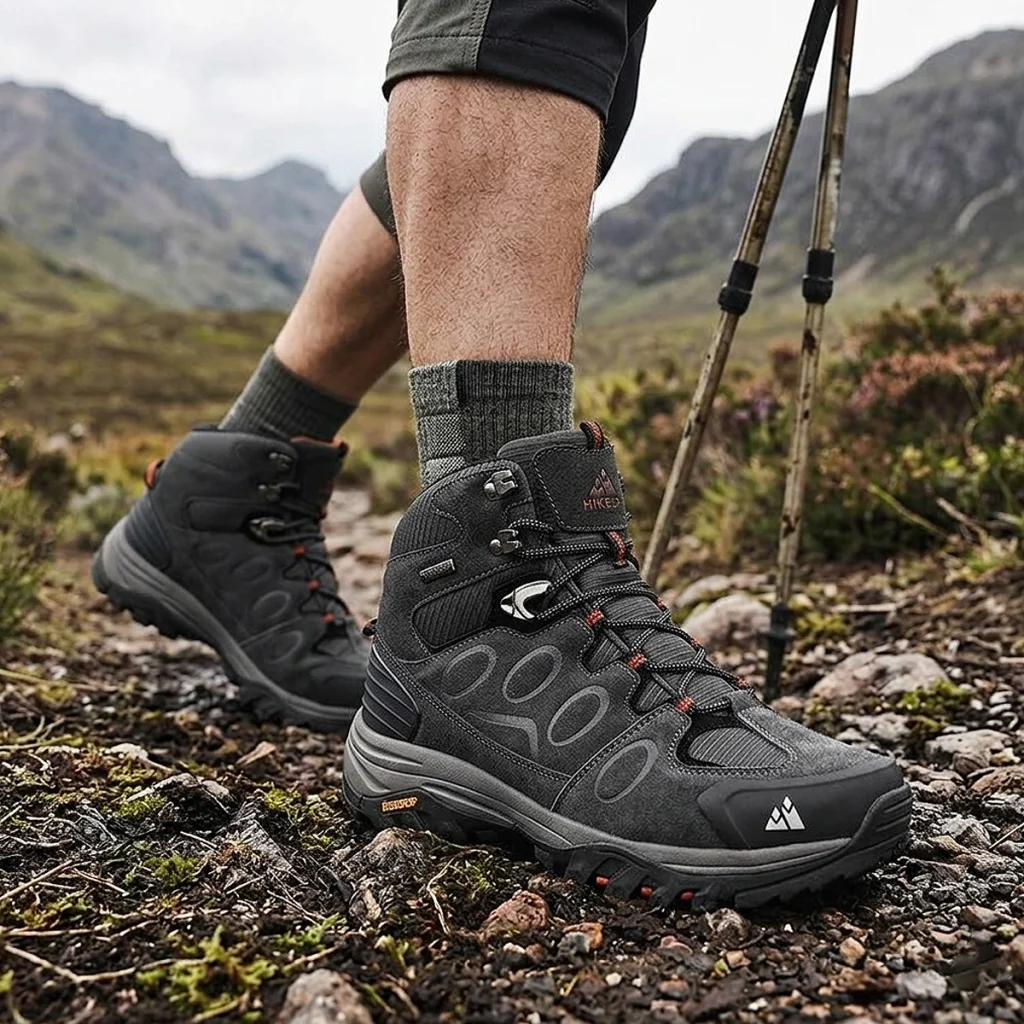HIKEUP Men's High-Top Hiking Boots worn on a rocky mountain trail during outdoor hiking and trekking adventure