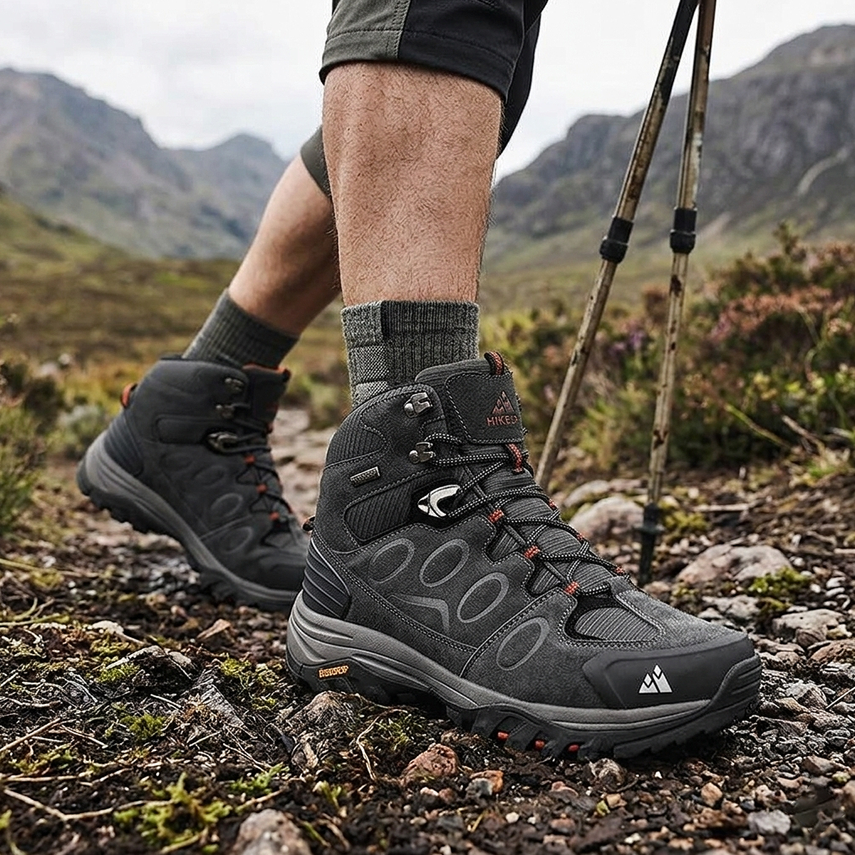 HIKEUP Men's High-Top Hiking Boots worn on a rocky mountain trail during outdoor hiking and trekking adventure