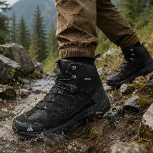 HIKEUP Men's High-Top Hiking Boots on rocky climbing terrain with vegetation in a rugged outdoor setting