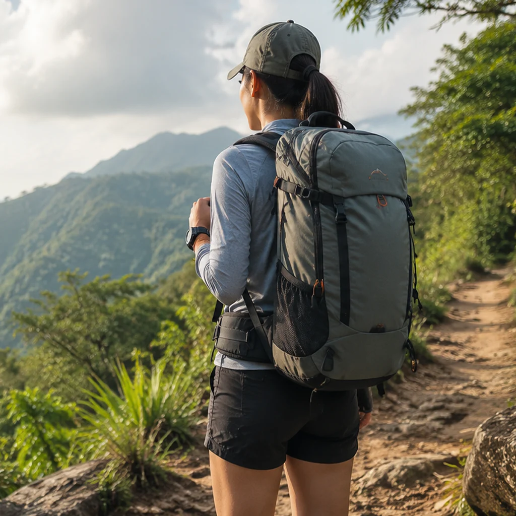 Hiking backpack with outdoor trekking gear on a mountain trail