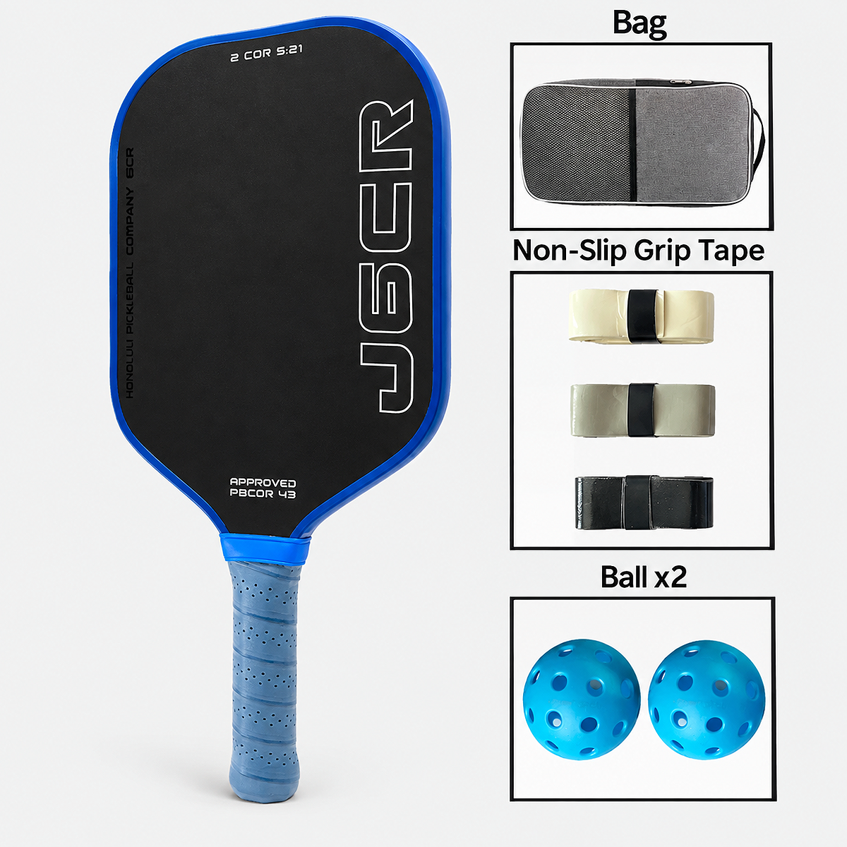 HONOLULU J6CR Carbon Fiber Pickleball Paddle blue set with bag, grip tape, and two balls