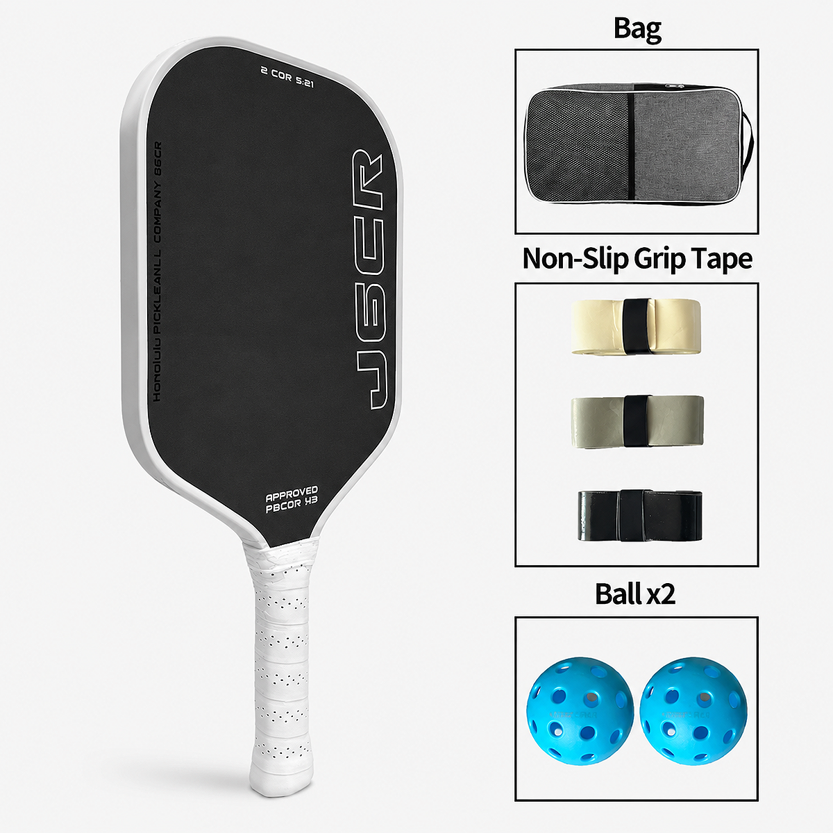 HONOLULU J6CR Carbon Fiber Pickleball Paddle white set with bag, grip tape, and two balls