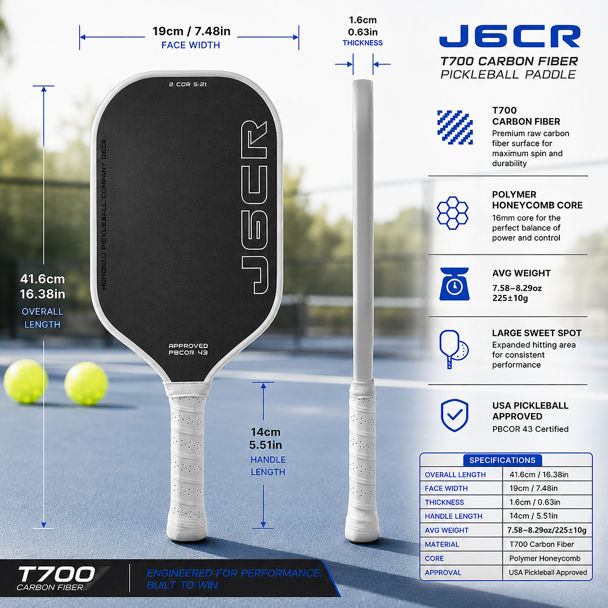 HONOLULU J6CR T700 Carbon Fiber Pickleball Paddle with 16mm polymer honeycomb core, 41.6cm length, 19cm face width, ergonomic grip, and USA Pickleball approved design.