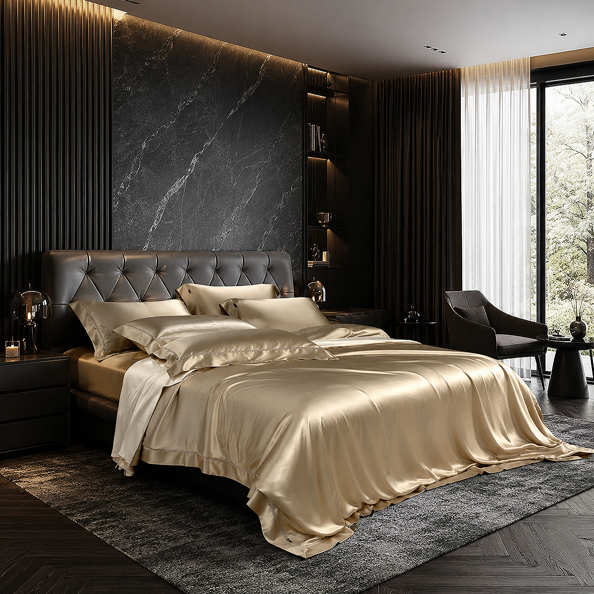 Alt: " 100% Mulberry Silk Luxury Bed Sheet product image – Acuvick " Luxury silk bedding styled in a modern bedroom