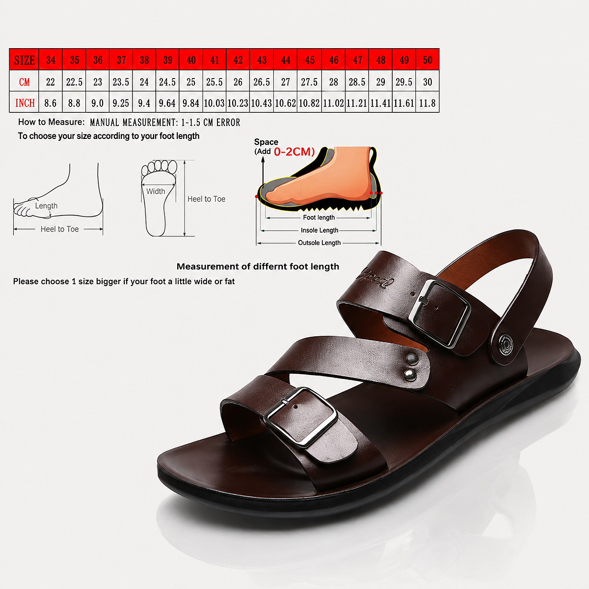 Measurement size guide for Men's Dual-Wear Casual Beach Sandals showing foot length, sandal dimensions, and recommended sizing for a comfortable and accurate fit.