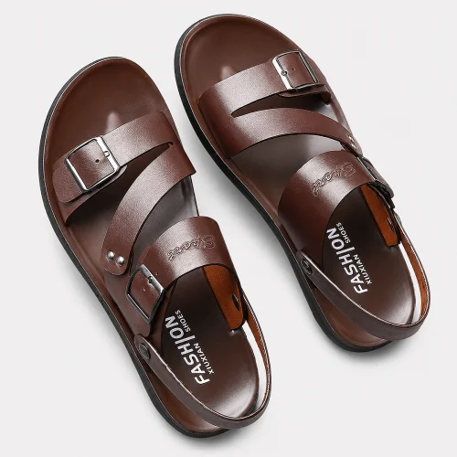 Alt: " Trending Now product image – Acuvick " Premium men's comfort beach sandals with adjustable buckle strap in Midnight Black and Vintage Brown.