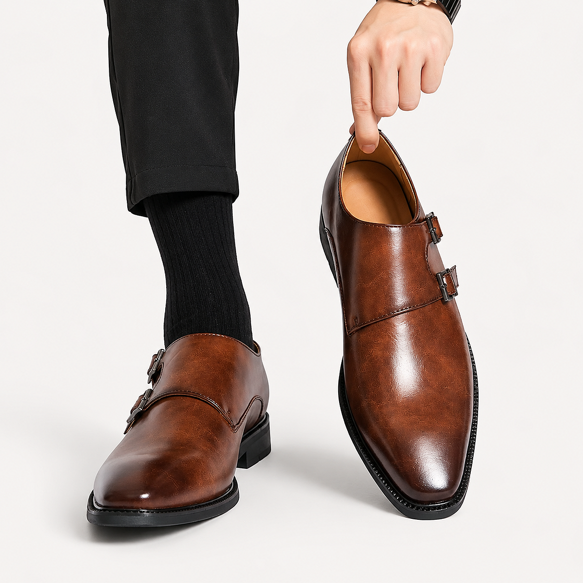 Alt: " Premium Men's Monk Strap Oxford Dress Shoes product image – Acuvick " Premium Men's Monk Strap Oxford Comfortable Dress Shoes featuring a cushioned insole, breathable lining, classic monk strap buckle, and durable anti-slip outsole for all-day comfort.