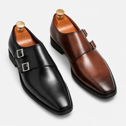 Alt: " Trending Now product image – Acuvick " Premium Men's Monk Strap Oxford Dress Shoes in Executive Black genuine leather formal office shoes with elegant buckle closure.