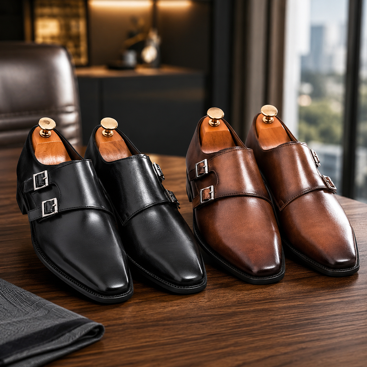 Alt: " Premium Men's Monk Strap Oxford Dress Shoes product image – Acuvick " Premium men's monk strap Oxford dress shoes with pointed toe in Executive Black and Vintage Brown.