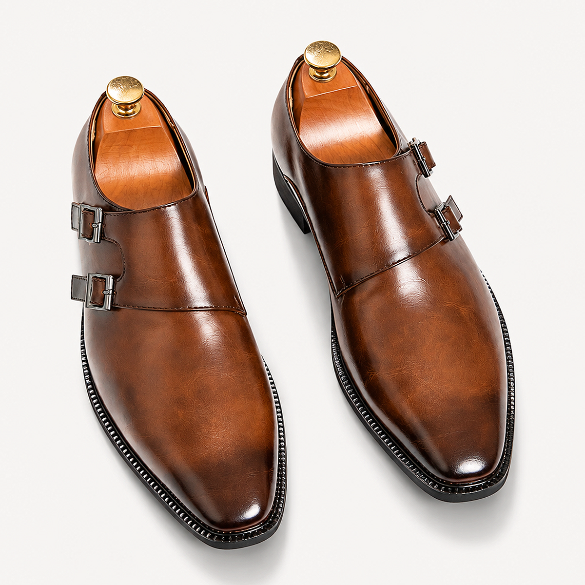 Alt: " Premium Men's Monk Strap Oxford Dress Shoes product image – Acuvick " Brown Premium Men's Monk Strap Oxford Dress Shoes featuring a classic leather finish, elegant monk strap buckle, cushioned insole, and durable anti-slip sole for business and formal occasions.