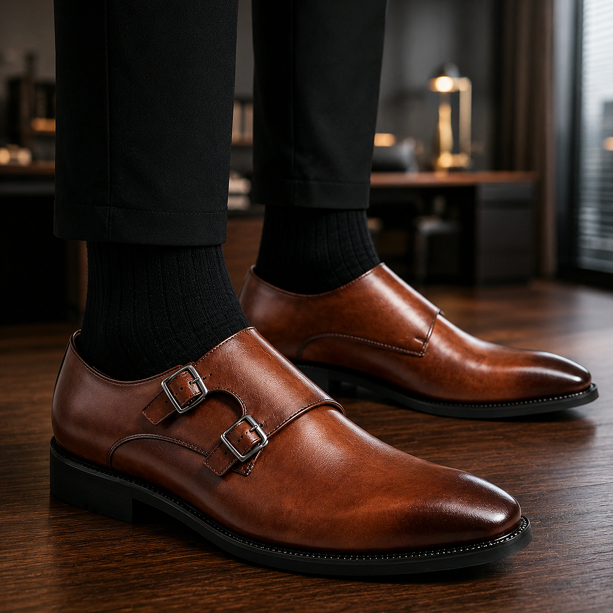 Alt: " Premium Men's Monk Strap Oxford Dress Shoes product image – Acuvick " Premium Men's Monk Strap Oxford Dress Shoes suitable for business meetings, office wear, weddings, formal events, and professional occasions with a classic leather finish.
