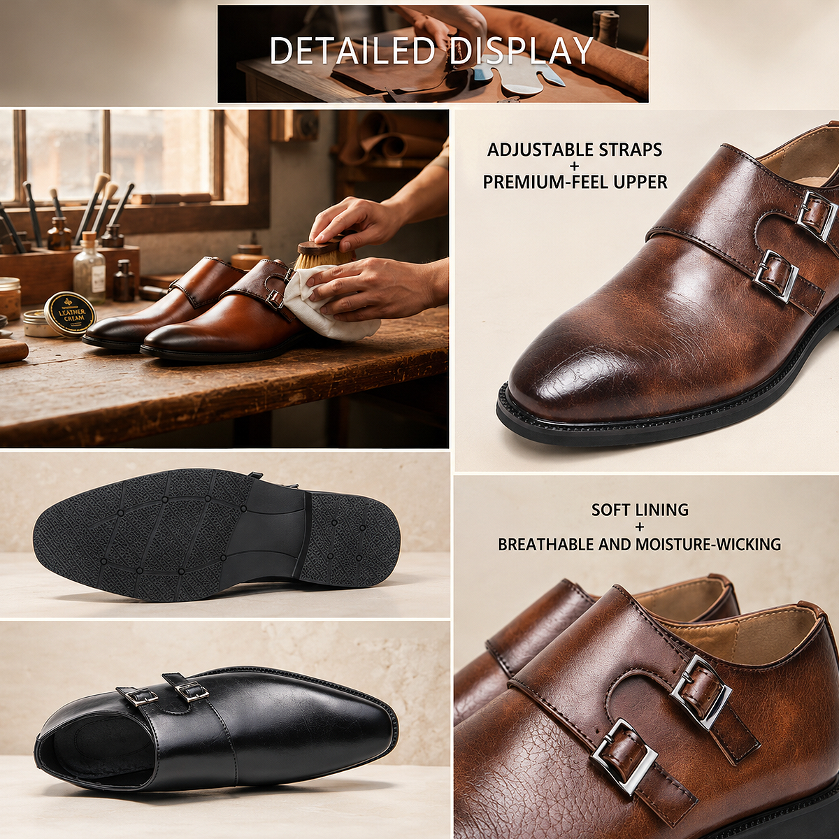 Alt: " Premium Men's Monk Strap Oxford Dress Shoes product image – Acuvick " Close-up detail of Premium Men's Monk Strap Oxford Luxury Dress Shoes showing the elegant monk strap buckle, premium leather finish, fine stitching, cushioned insole, and durable anti-slip outsole.