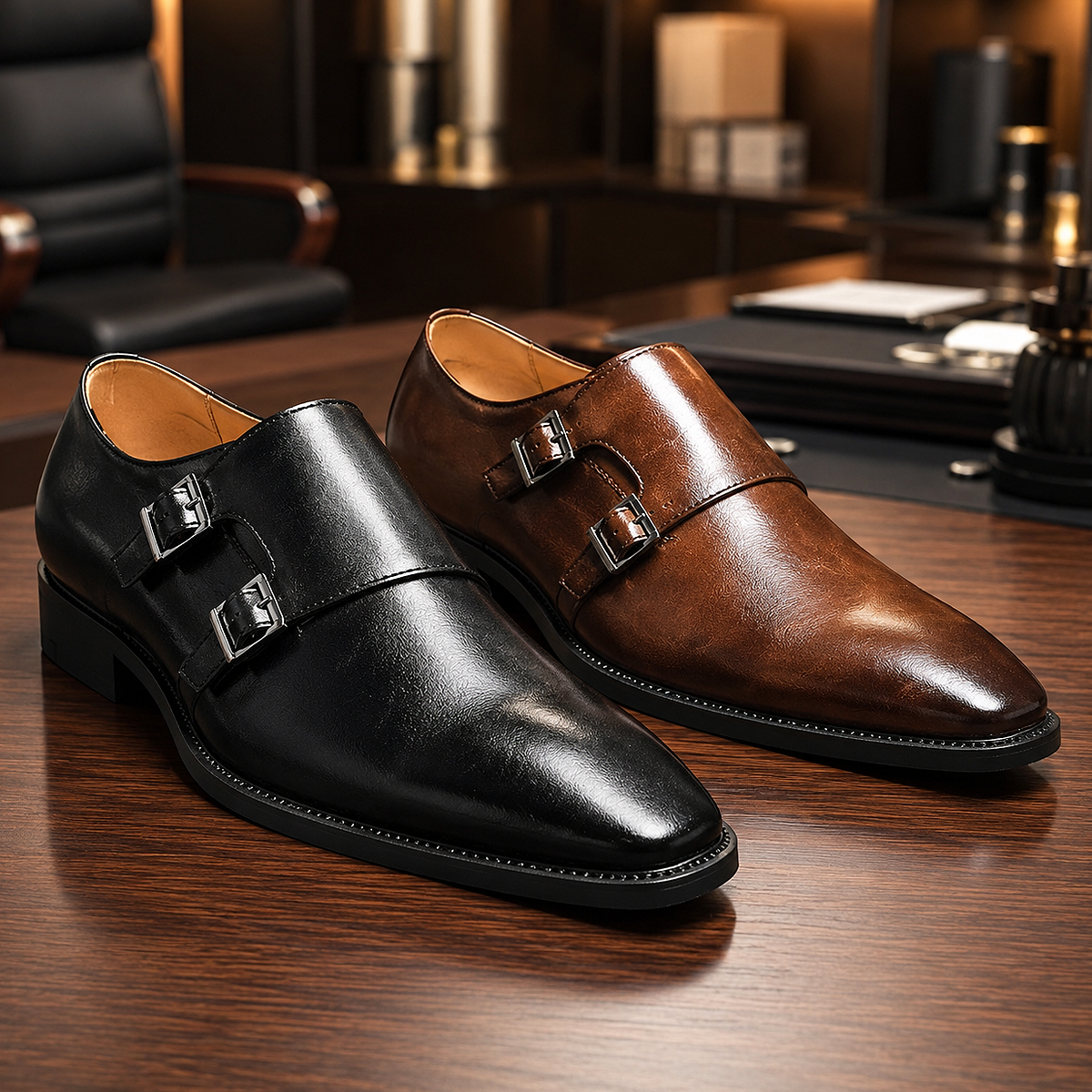 Alt: " Premium Men's Monk Strap Oxford Dress Shoes product image – Acuvick " Premium Men's Monk Strap Oxford Wedding Dress Shoes featuring a classic leather finish, elegant monk strap buckle, cushioned insole, and durable anti-slip outsole for weddings and formal occasions.