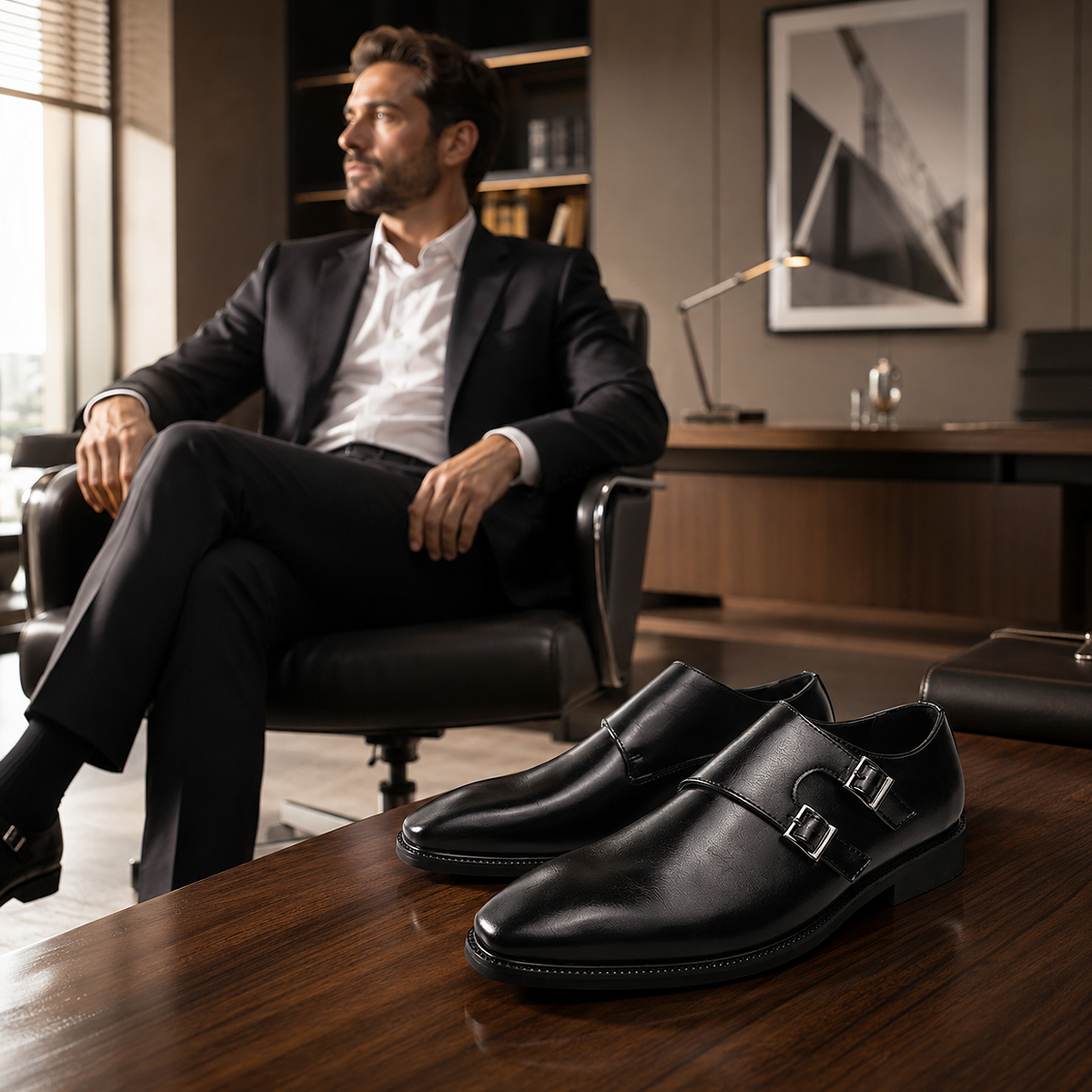 Alt: " Premium Men's Monk Strap Oxford Dress Shoes product image – Acuvick " Premium Men's Monk Strap Oxford Workplace Dress Shoes with a premium leather finish, elegant monk strap buckle, cushioned insole, breathable lining, and anti-slip outsole for daily professional wear.