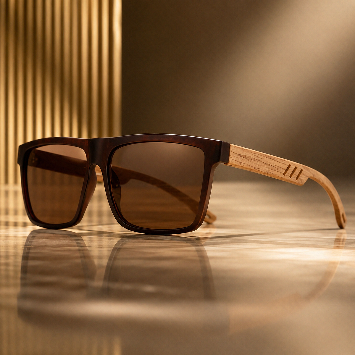 Alt: " Premium Square UV400 Sunglasses for Men & Women product image – Acuvick " Premium Square UV400 Wood Grain Fashion Sunglasses worn at the beach, providing stylish UV400 protection against harmful UVA and UVB rays for sunny outdoor days.
