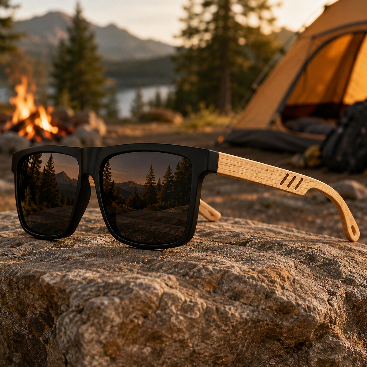 Alt: " Premium Square UV400 Sunglasses for Men & Women product image – Acuvick " Premium Square UV400 Wood Grain Fashion Sunglasses for camping, featuring lightweight square frames with UV400 lenses for reliable eye protection during outdoor adventures and nature trips.