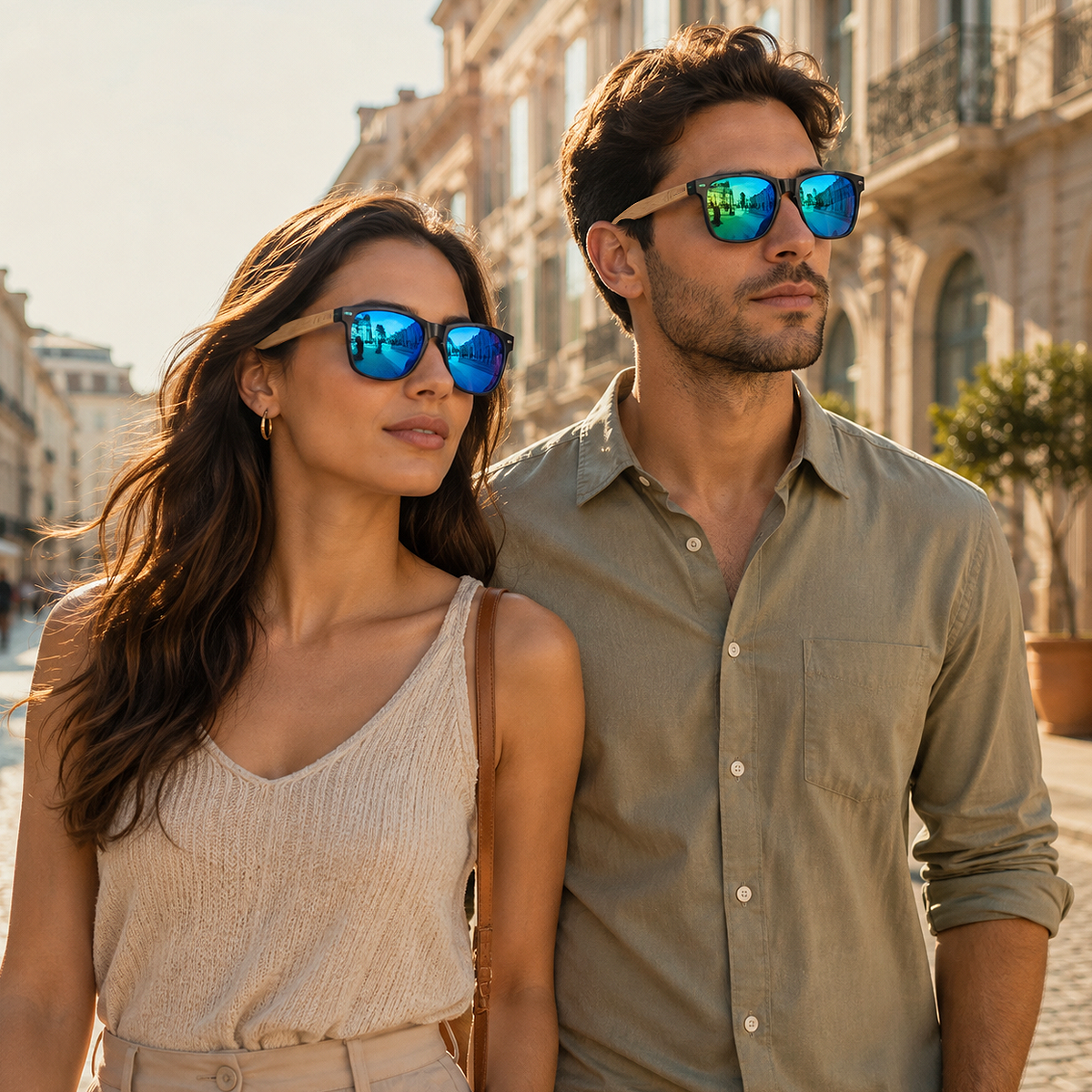 Alt: " Premium Square UV400 Sunglasses for Men & Women product image – Acuvick " Premium Square UV400 Wood Grain Fashion Sunglasses worn during a vacation, providing stylish UV400 eye protection for beach holidays, travel, and outdoor adventures.