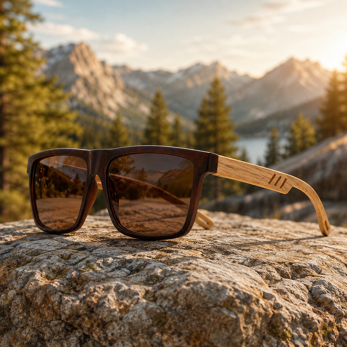Alt: " Premium Square UV400 Sunglasses for Men & Women product image – Acuvick " Premium Square UV400 Wood Grain Hiking Lightweight Sunglasses featuring lightweight square frames and UV400 lenses for comfortable hiking, trekking, and outdoor adventures.