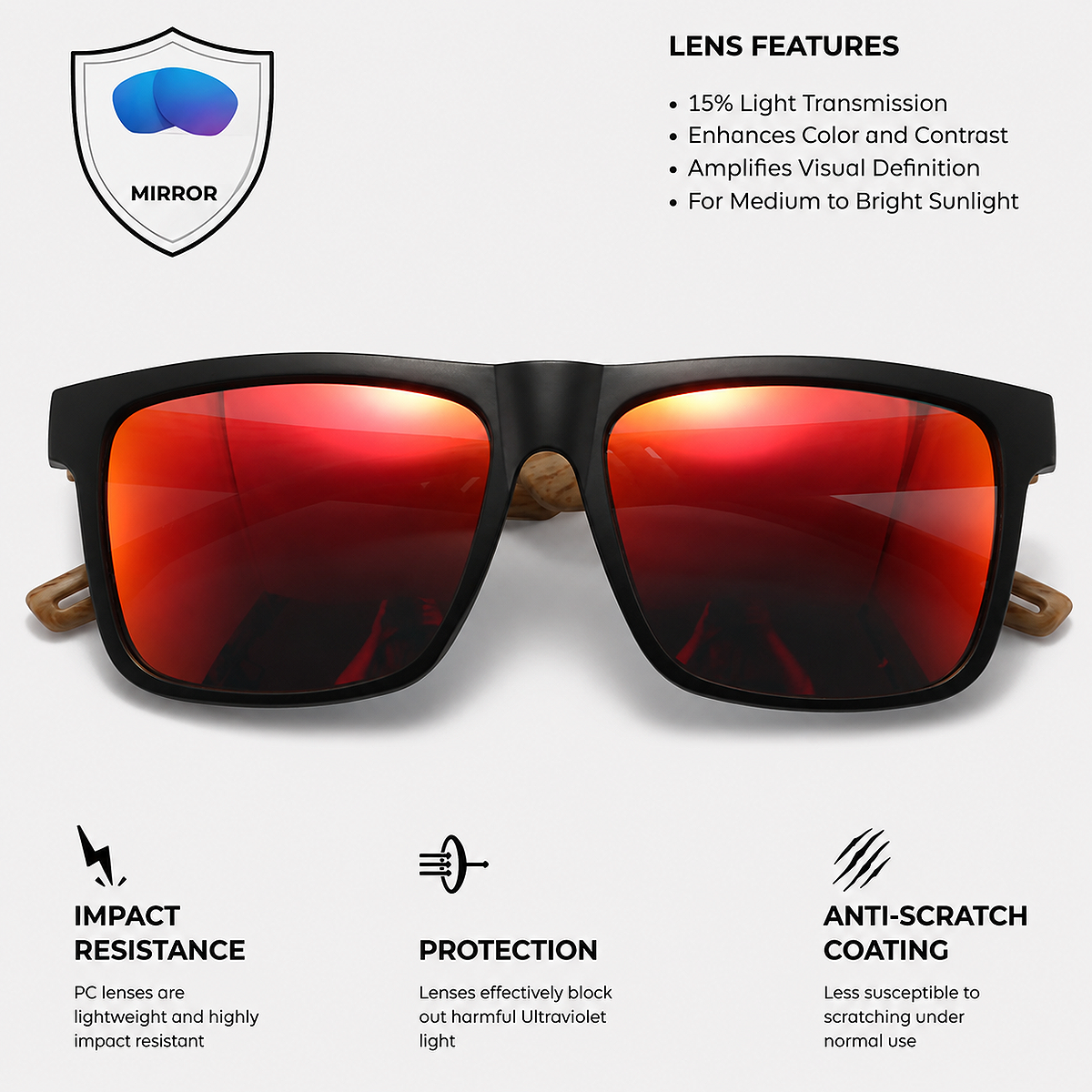 Alt: " Premium Square UV400 Sunglasses for Men & Women product image – Acuvick " Premium Square UV400 Wood Grain Fashion Sunglasses featuring advanced UV400 lenses with glare reduction, clear vision, and reliable UVA and UVB protection for everyday outdoor wear.