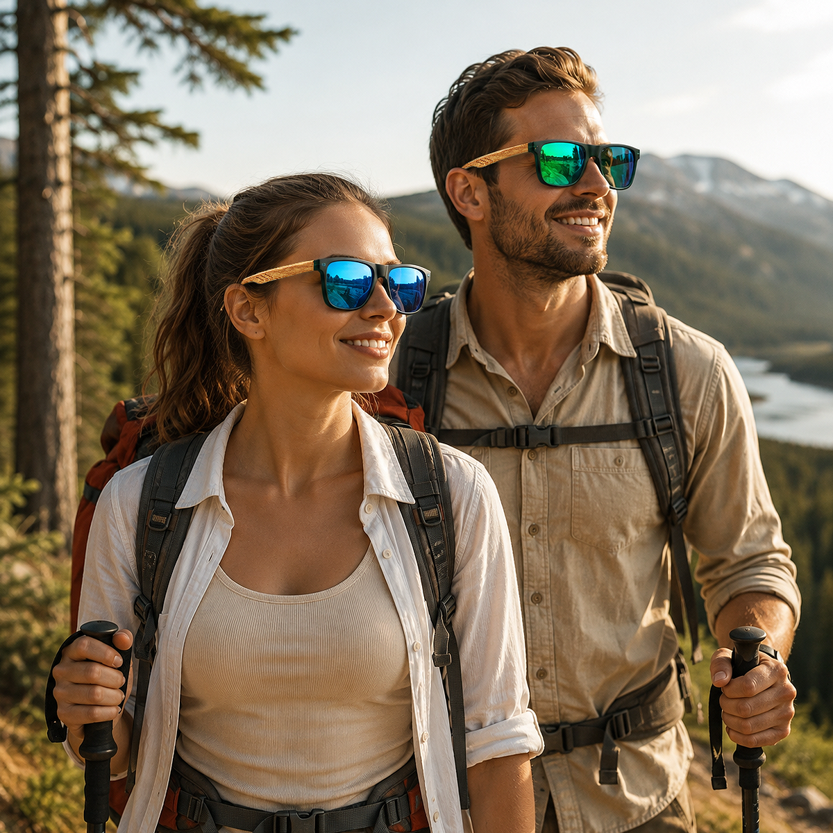 Alt: " Premium Square UV400 Sunglasses for Men & Women product image – Acuvick " Premium Square UV400 Wood Grain Fashion Sunglasses for outdoor hiking, featuring lightweight square frames and UV400 lenses that provide reliable eye protection on trails and in bright sunlight.