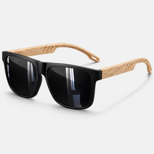 Premium Square UV400 wood grain sunglasses in black with lightweight frame, UV400 lens protection, and classic square design for men and women.