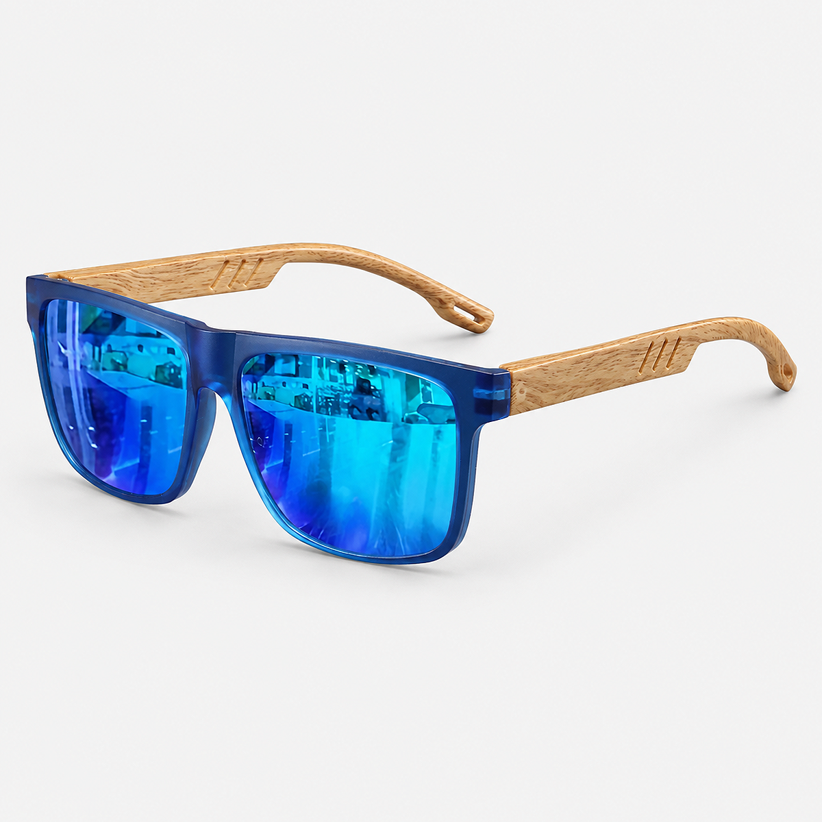 Alt: " Premium Square UV400 Sunglasses for Men & Women product image – Acuvick " Premium Square UV400 wood grain sunglasses in blue with lightweight frame, UV400 protection, and stylish square design for men and women.
