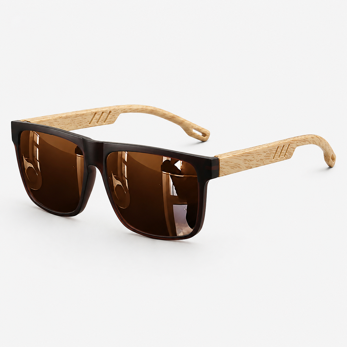 Alt: " Premium Square UV400 Sunglasses for Men & Women product image – Acuvick " Premium Square UV400 wood grain sunglasses in brown with lightweight frame, UV400 lens protection, and classic square design for men and women.