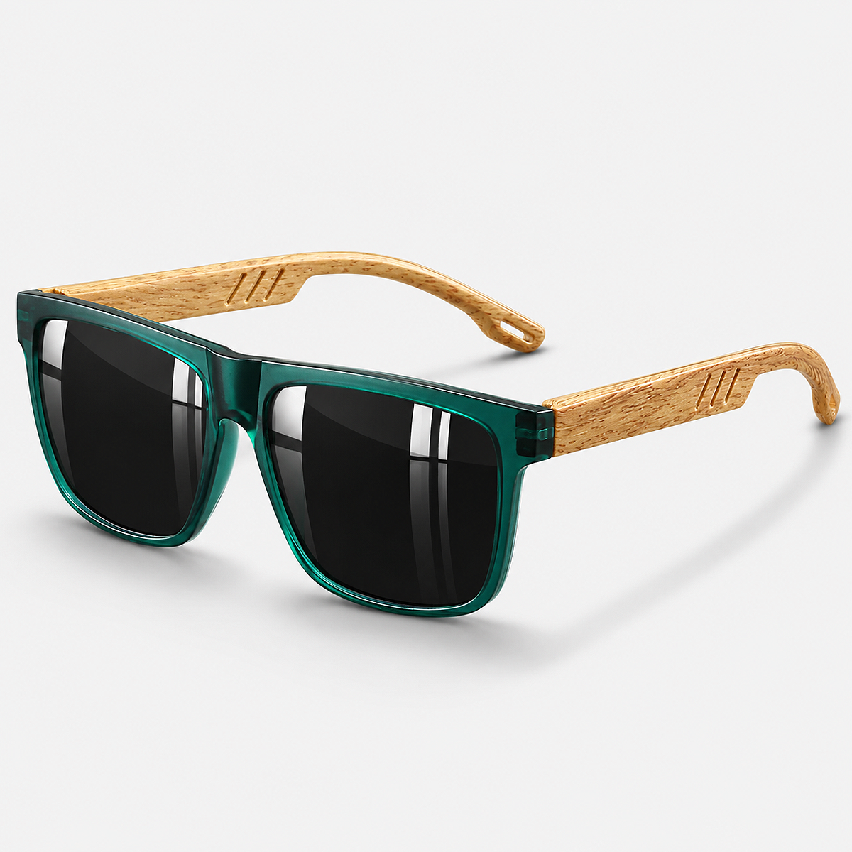 Alt: " Premium Square UV400 Sunglasses for Men & Women product image – Acuvick " Premium Square UV400 wood grain sunglasses in green and black with a lightweight frame, UV400 lens protection, and classic square design for men and women.