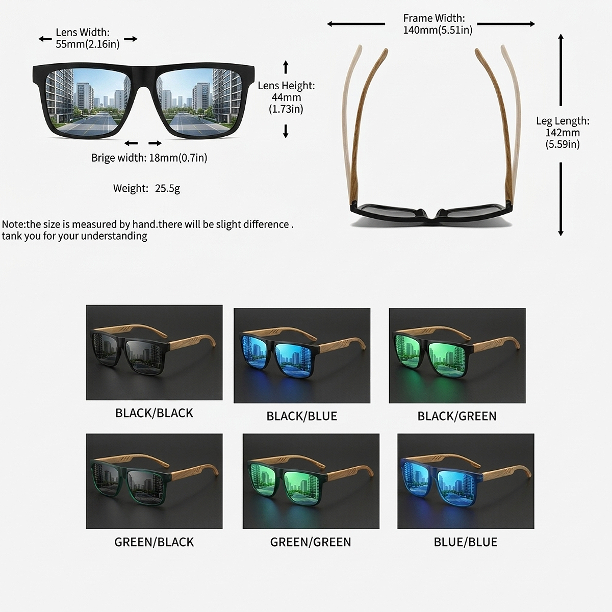 Alt: " Premium Square UV400 Sunglasses for Men & Women product image – Acuvick " Measurement size guide for Premium Square UV400 Wood Grain Sunglasses showing frame width, lens width, bridge width, temple length, and lens height for accurate fit.