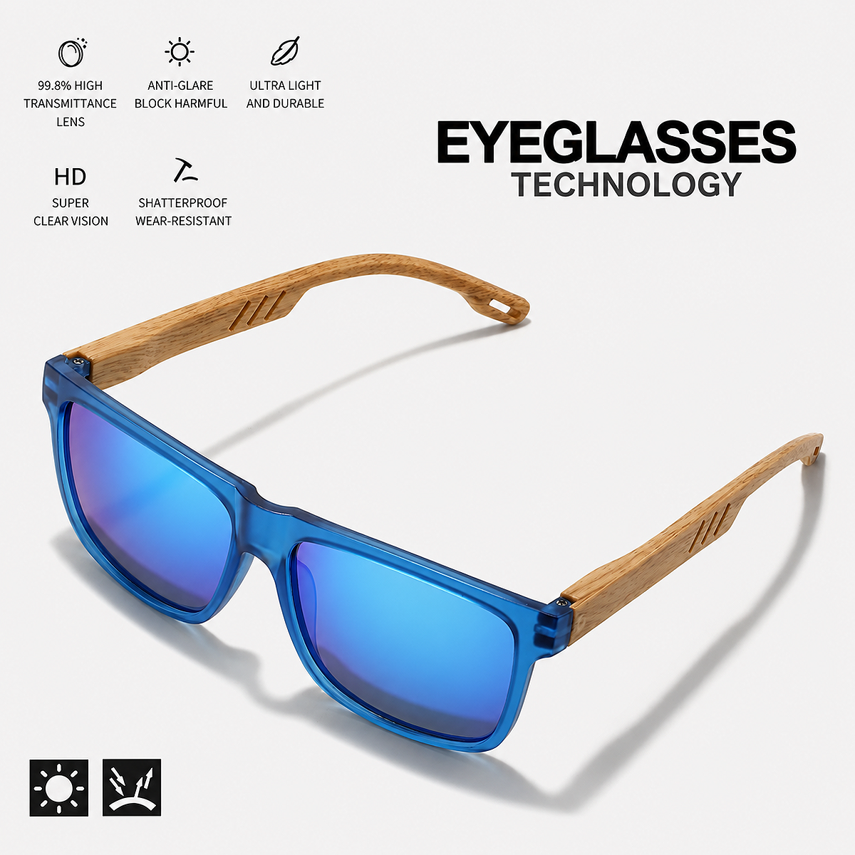 Alt: " Premium Square UV400 Sunglasses for Men & Women product image – Acuvick " Premium Square UV400 Wood Grain Technology Sunglasses featuring advanced UV400 lens protection, lightweight square frame, and durable construction for everyday outdoor use