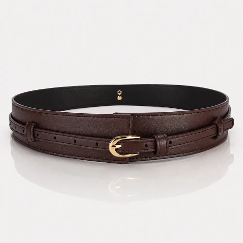 Alt: " Home product image – Acuvick " Premium women's black PU leather waist belt with a U-shaped alloy pin buckle for dresses, jeans and trousers.