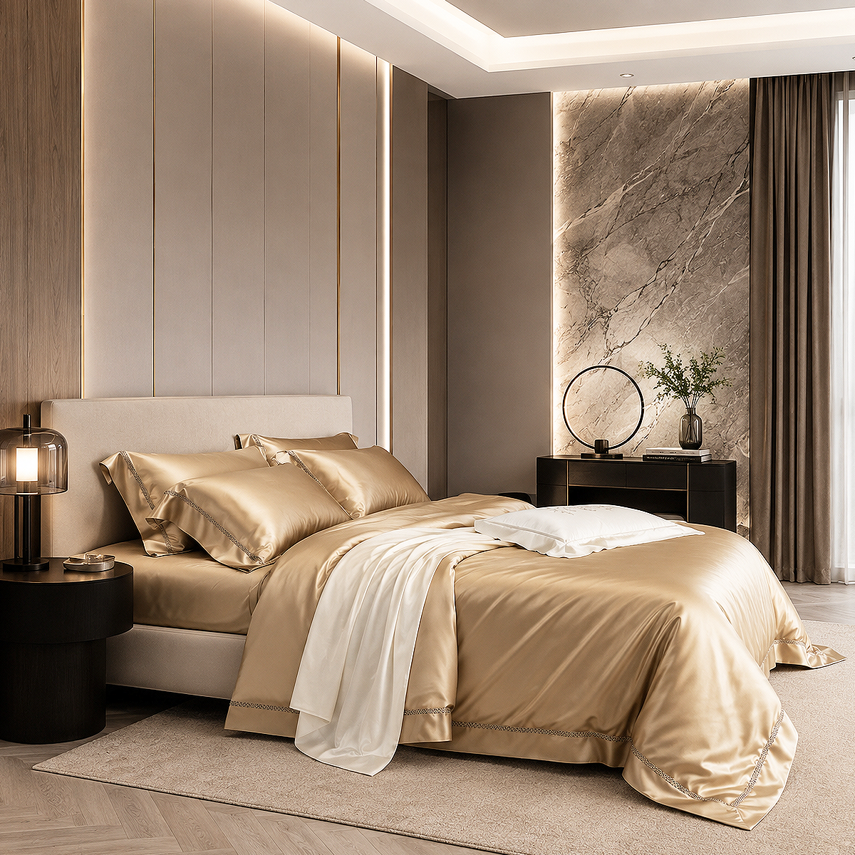 Alt: " 100% Mulberry Silk Luxury Bed Sheet product image – Acuvick " Silk fitted bed sheet with deep pocket