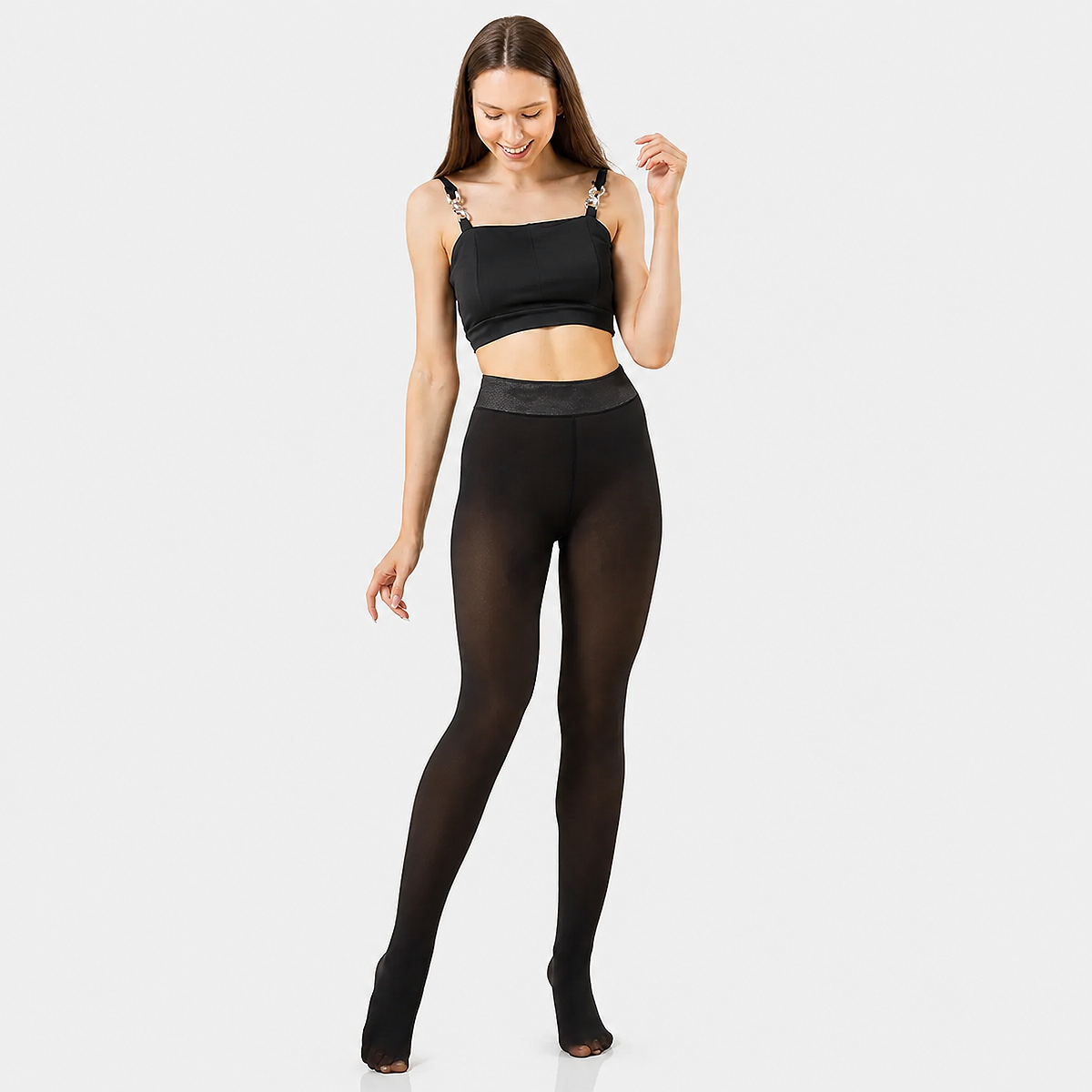 Women's Fleece Thermal Leggings and Tights for Winter in Black pantyhose style with soft fleece lining, stretch fit, and elegant cold-weather comfort.