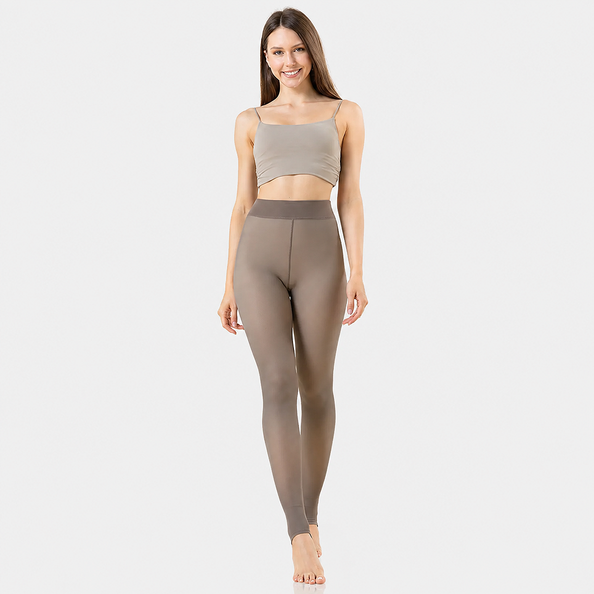 Women's Fleece Thermal Leggings and Tights for Winter in Coffee with full foot socks, soft fleece lining, stretch fit, and warm cold-weather comfort.