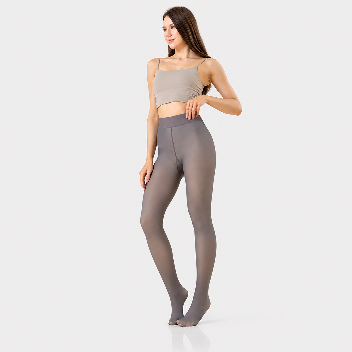 Women's Fleece Thermal Leggings and Tights for Winter in Grey pantyhose style with soft fleece lining, high-stretch fabric, and elegant cold-weather comfort.